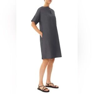 Ming Wang Charcoal Split Neck Elbow Sleeve Chambray Cotton Shift Dress Sz Small